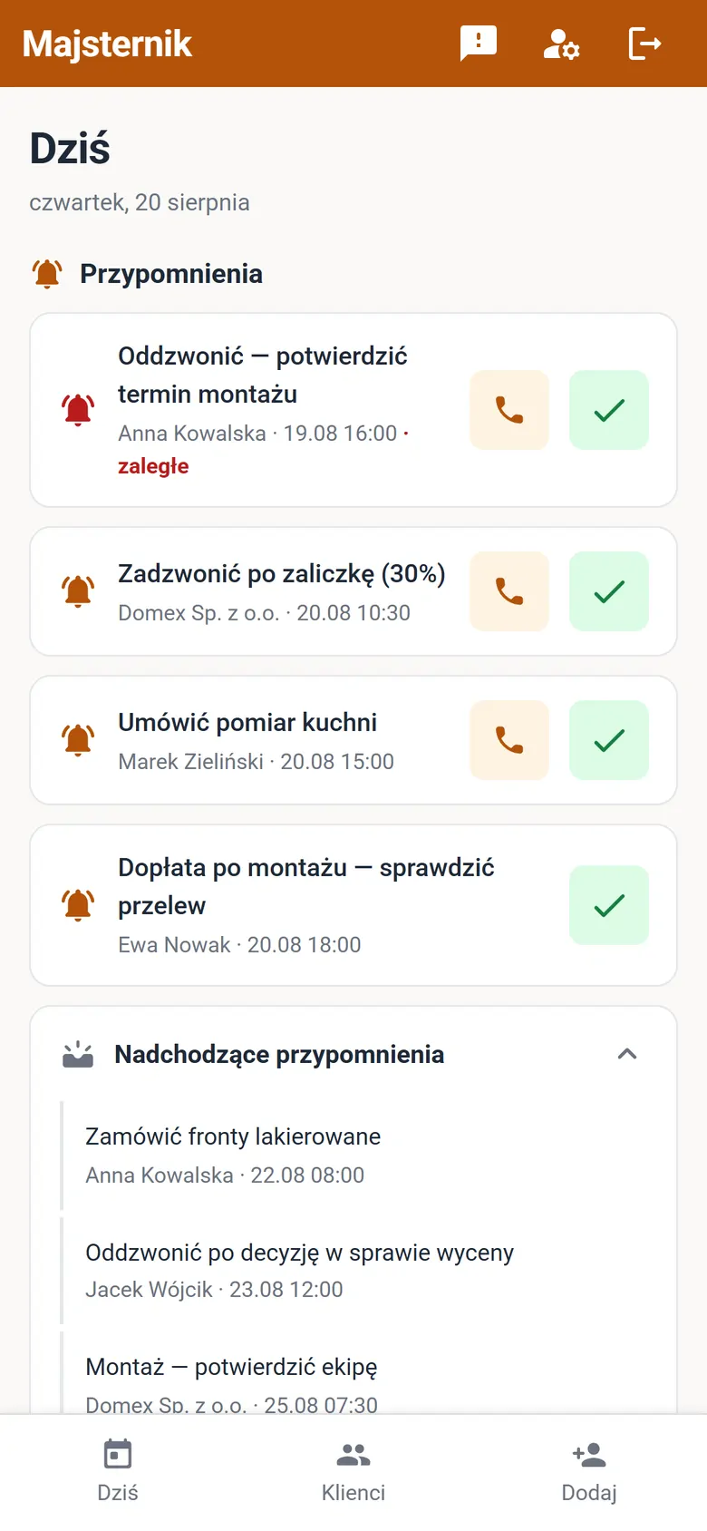 Majsternik w telefonie: ekran „Dziś” z przypomnieniami i ofertami bez odpowiedzi